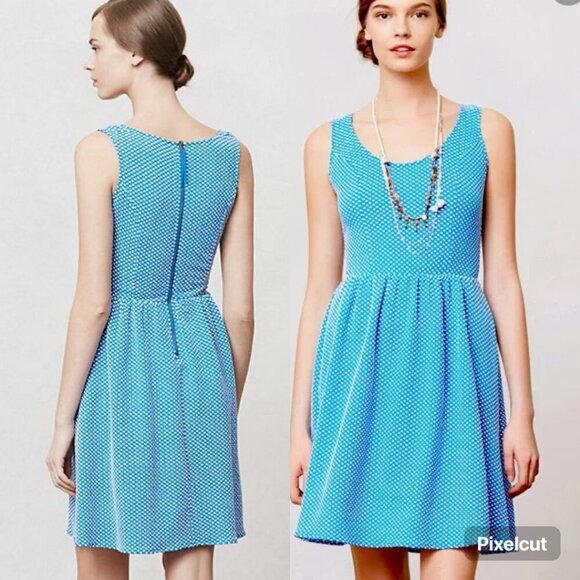 ANTHROPOLOGIE MAEVE A-line Polka Dots White Blue Sleeveless Mini Dress Sz M - Picture 1 of 5